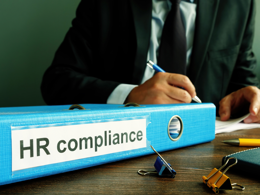 HR compliance services professional is looking at paperwork and compiling reports for a client